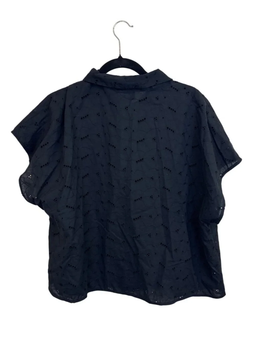 A New Day Women's XXL Black Eyelet Blouse Short Sleeve Button Up Cotton Feminine